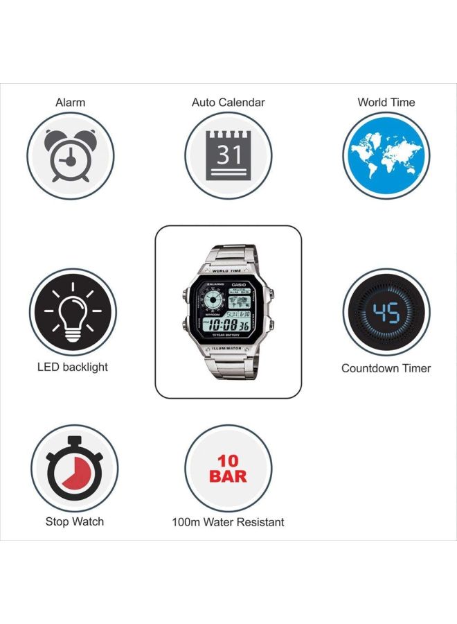 CASIO Men's Youth Water Resistant Stainless Steel Digital Watch AE-1200WHD-1AVE - 42 mm - Silver  - Image 4