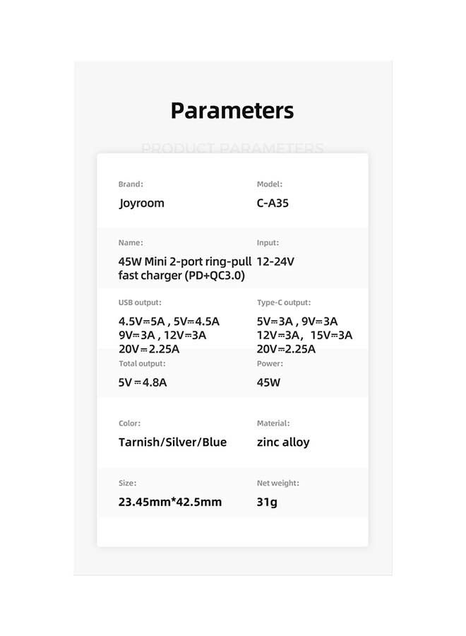 JOYROOM 45W Type-C And USB Car Charger Silver - Image 2