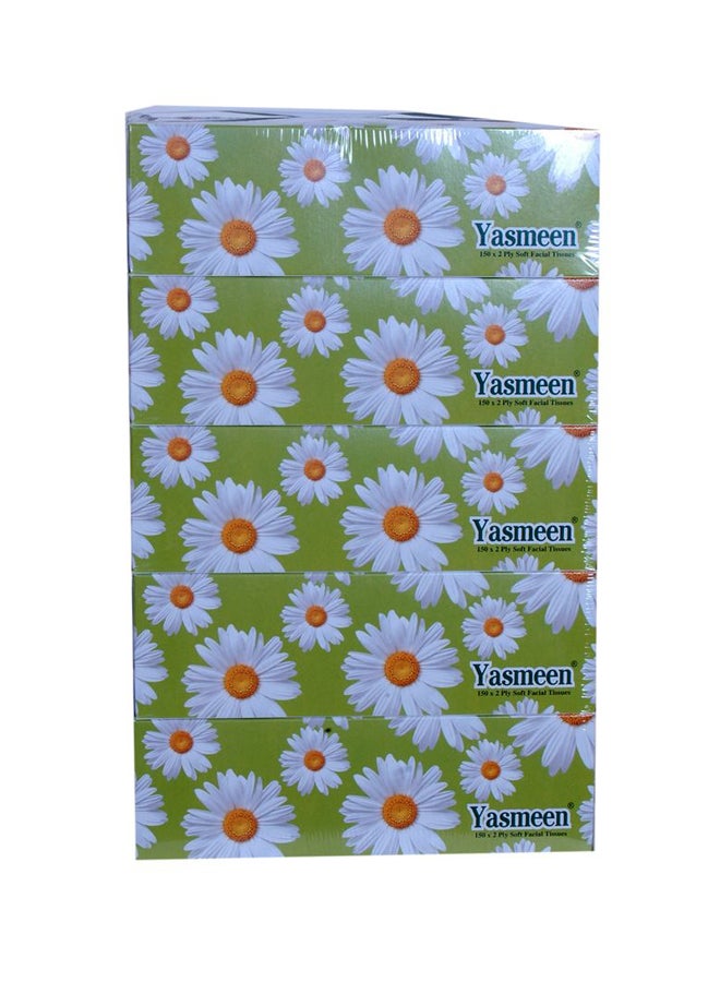 Yasmeen 2-Ply Extra Soft Facial Tissue, 150 Sheets, Pack Of 5 White Standard White Standard - Image 1