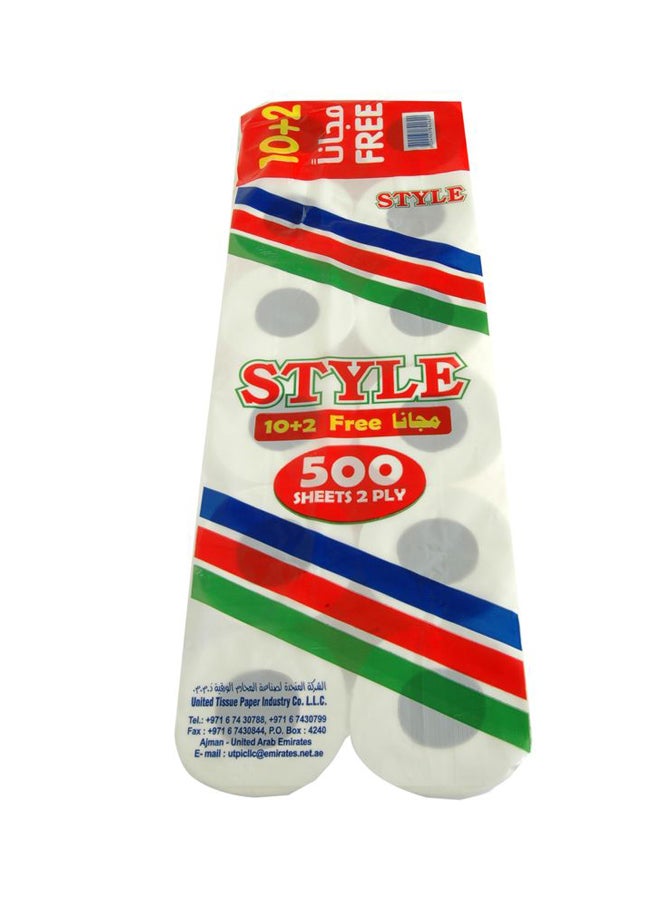 Style Pack Of 12 2-Ply Toilet Rolls - 500 Sheets White  - Image 1