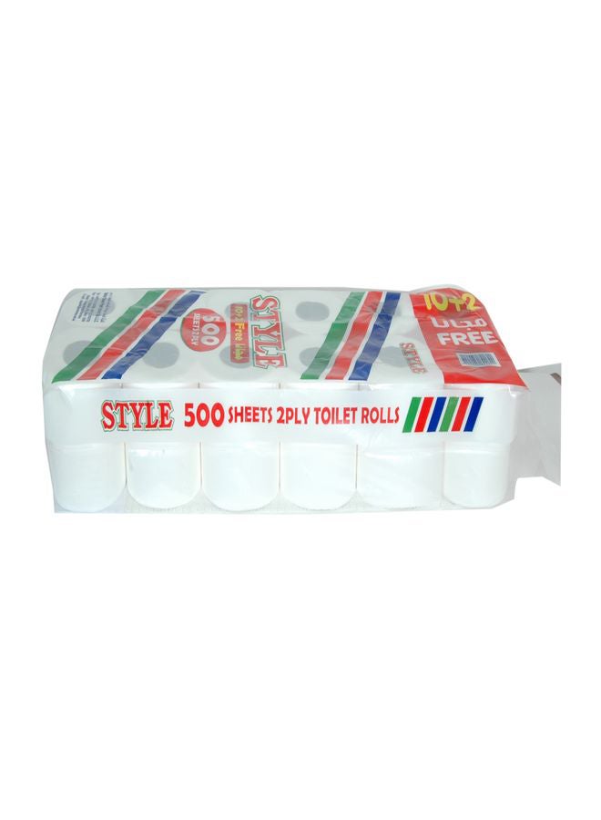 Style Pack Of 12 2-Ply Toilet Rolls - 500 Sheets White  - Image 2