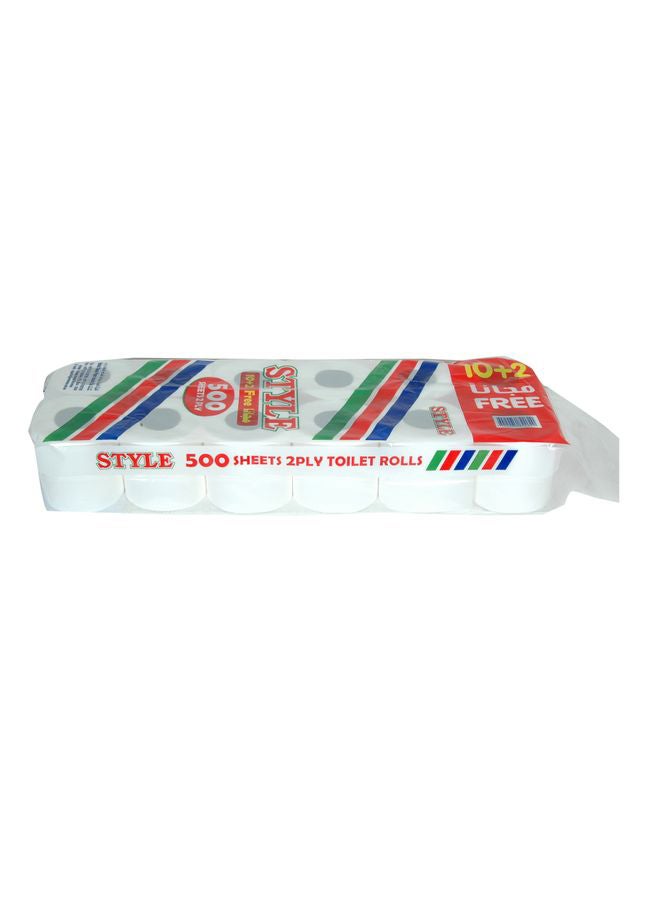 Style Pack Of 12 2-Ply Toilet Rolls - 500 Sheets White  - Image 3