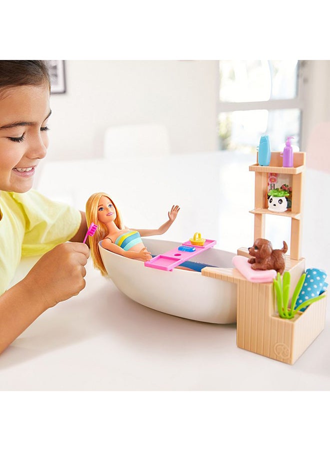 Mattel Games - Barbie Fizzy Bath Doll & Play Set, Blonde, With Tub, Powder, Puppy & More, Gift For Kids 3 To 7 Years Old 3.5x9.49x6.26inch - Image 1