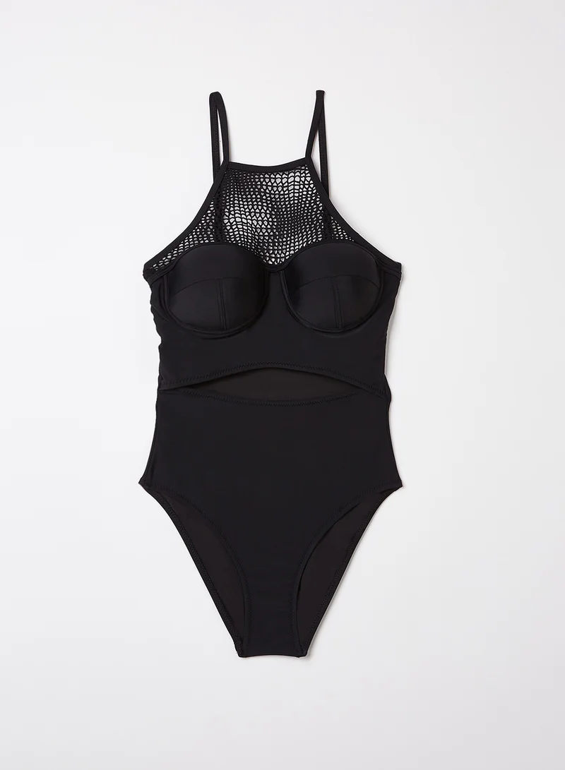 trendyol Mesh Panel Open Front Swimsuit Black