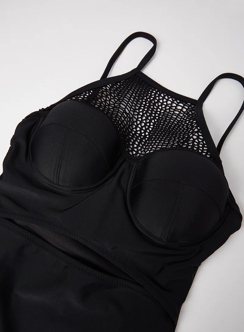 trendyol Mesh Panel Open Front Swimsuit Black