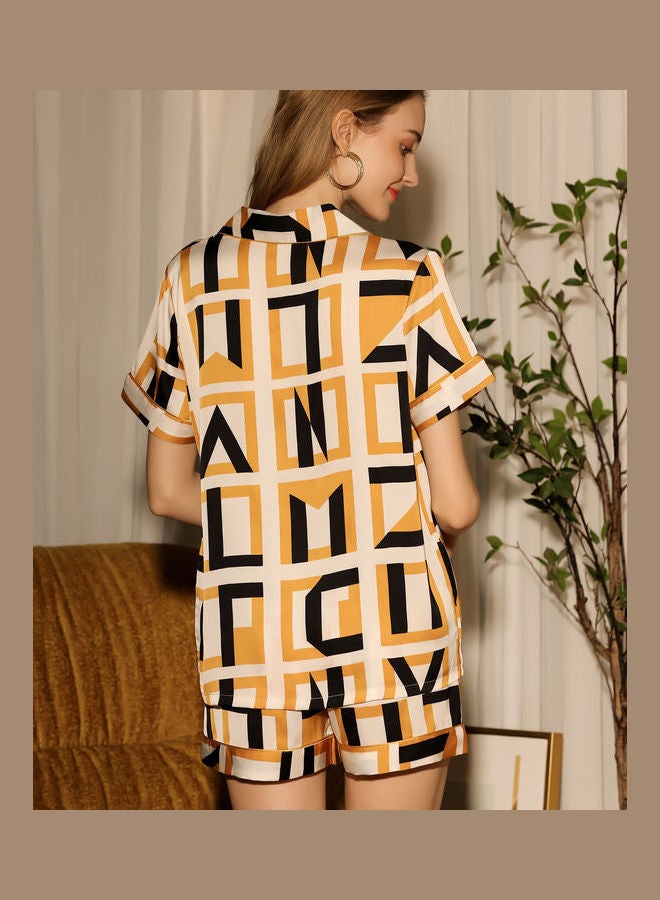 2-Piece Short Sleeve Shirt And Shorts Set Yellow/Beige/Black  - Image 2
