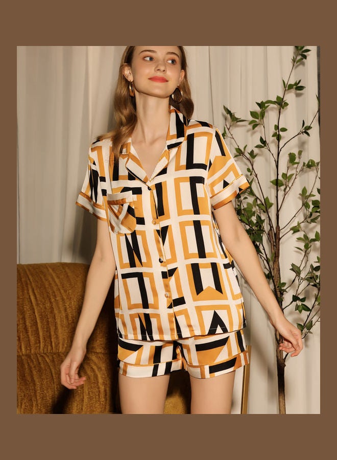 2-Piece Short Sleeve Shirt And Shorts Set Yellow/Beige/Black  - Image 3