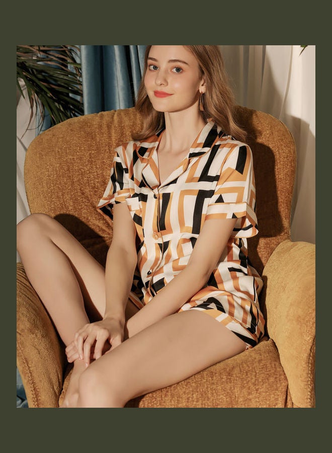 2-Piece Short Sleeve Shirt And Shorts Set Yellow/Beige/Black  - Image 4