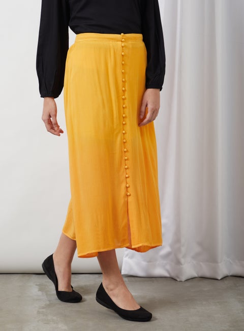 Basic Plain Midi Skirt Yellow Solid