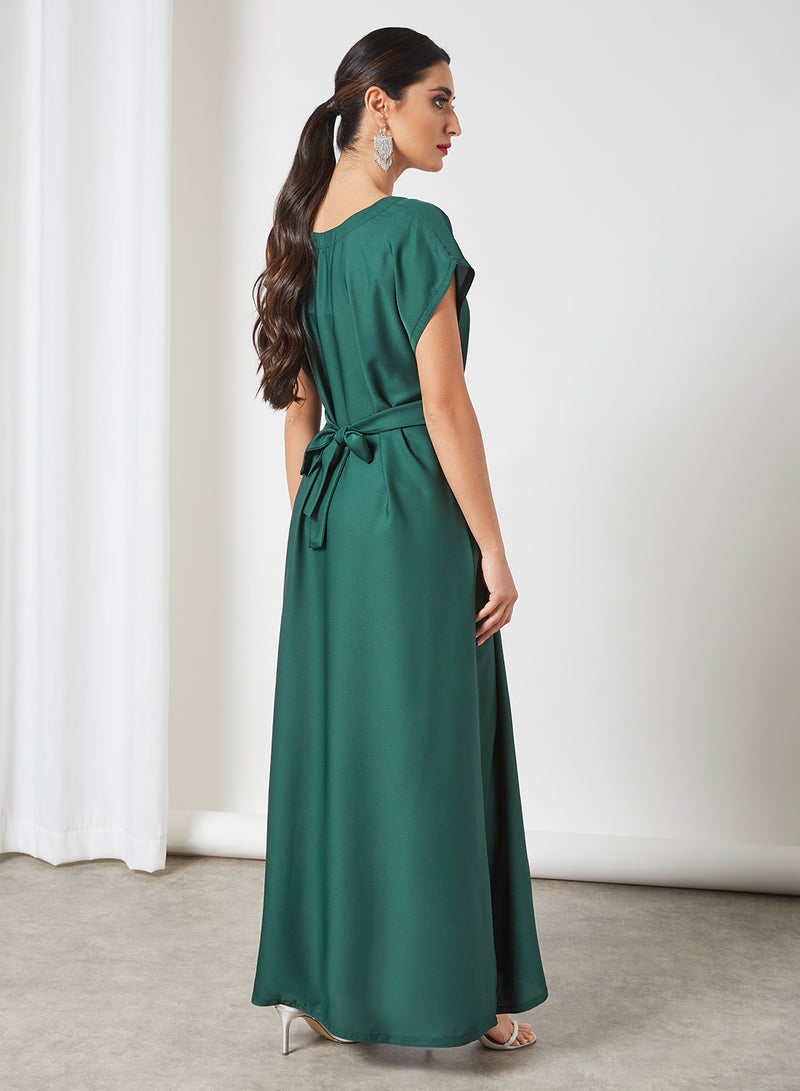 NUKHBAA - Stylish Scoop Neck Short Sleeve Maxi Dress Green - Image 1