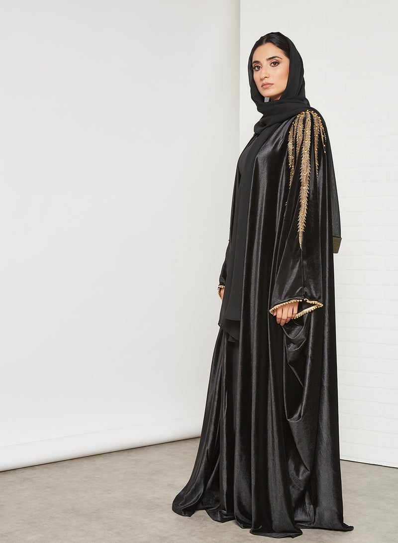 Bousni Laced Kaftan Abaya Black/Gold  - Image 1