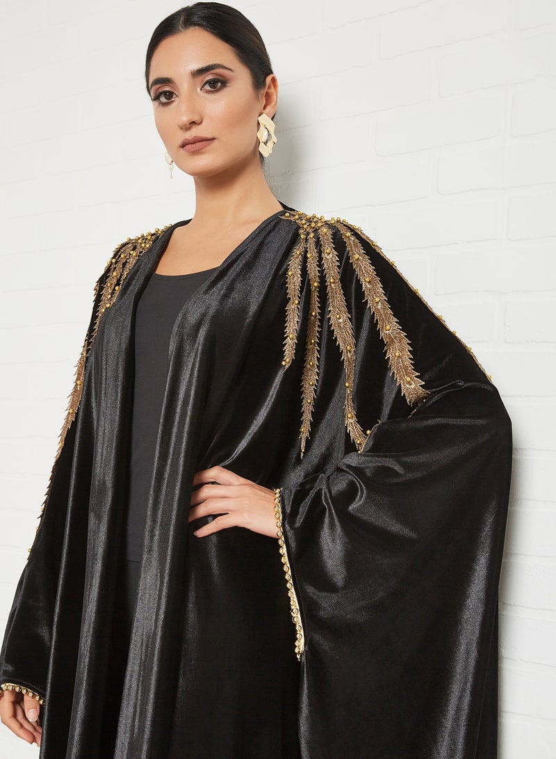Bousni Laced Kaftan Abaya Black/Gold  - Image 4
