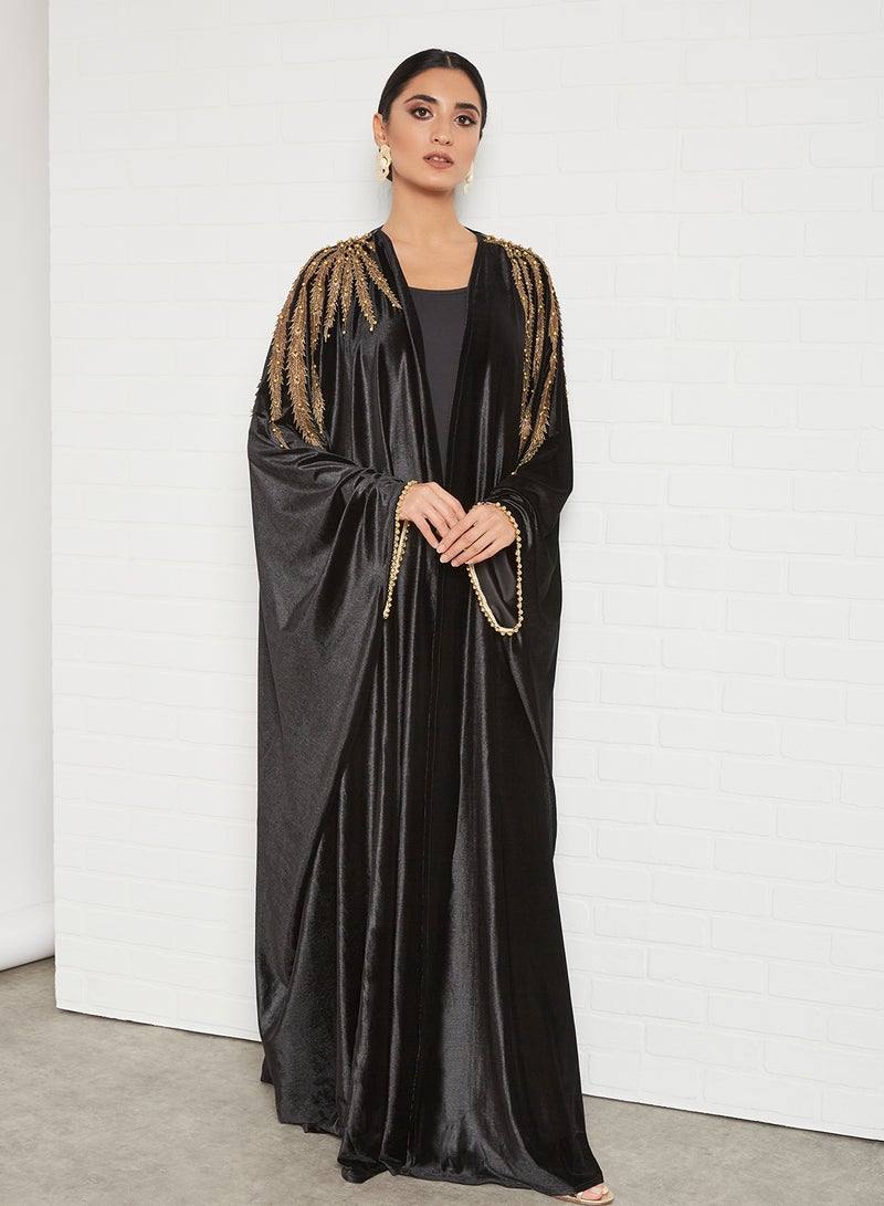 Bousni Laced Kaftan Abaya Black/Gold  - Image 2