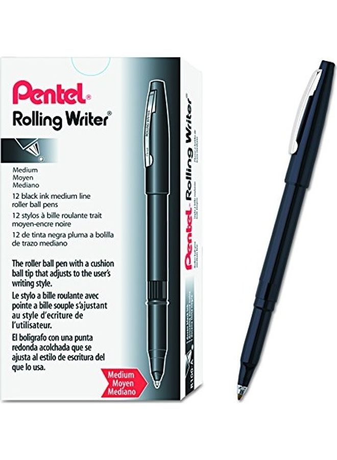 Pentel Pack Of 12 Rolling Writer Roller Ball Pen Set Black/Silver - Image 1
