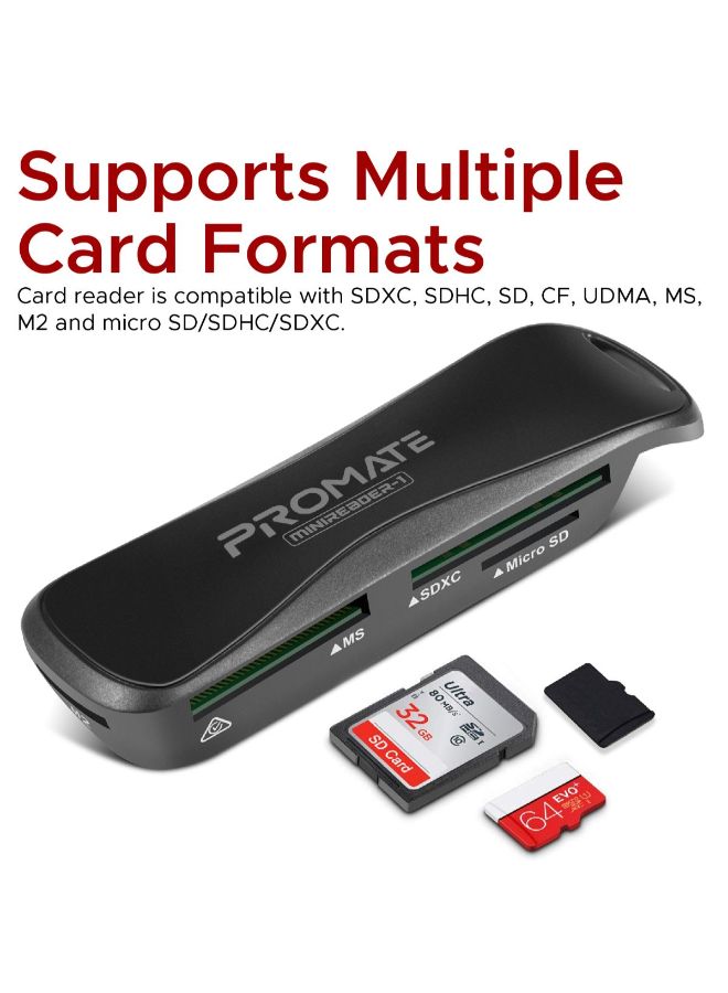 PROMATE - Multimedia Card Reader, Compact USB External Multi Memory Card Reader SDXC, SDHC, SD, MS, Micro SDXC, Micro SDHC, Micro SD with 5Gbps Transfer Speed for, MiniReader-1 Black - Image 1