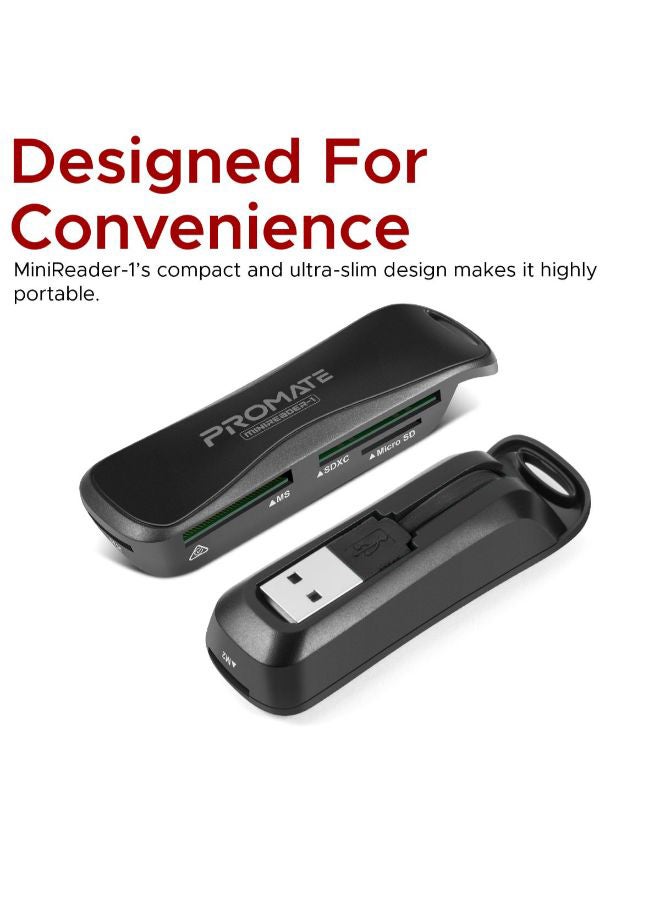 PROMATE - Multimedia Card Reader, Compact USB External Multi Memory Card Reader SDXC, SDHC, SD, MS, Micro SDXC, Micro SDHC, Micro SD with 5Gbps Transfer Speed for, MiniReader-1 Black - Image 1