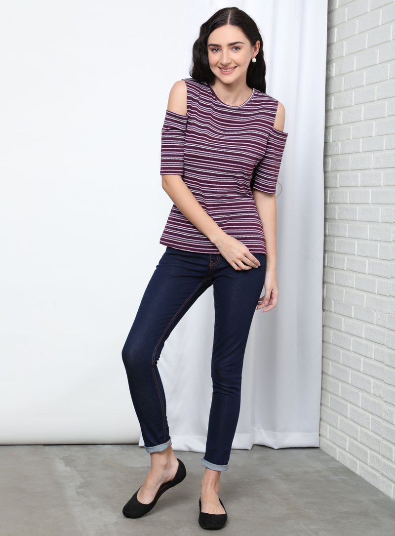 Aila - Casual Round Neck Striped Blouse Purple - Image 1