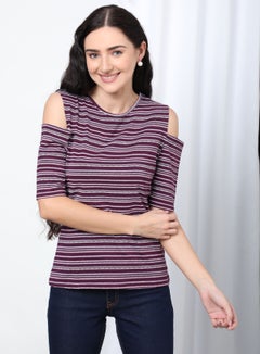 Casual Round Neck Striped Blouse Purple