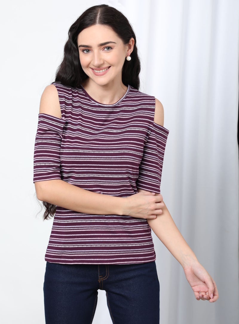 Aila - Casual Round Neck Striped Blouse Purple - Image 1
