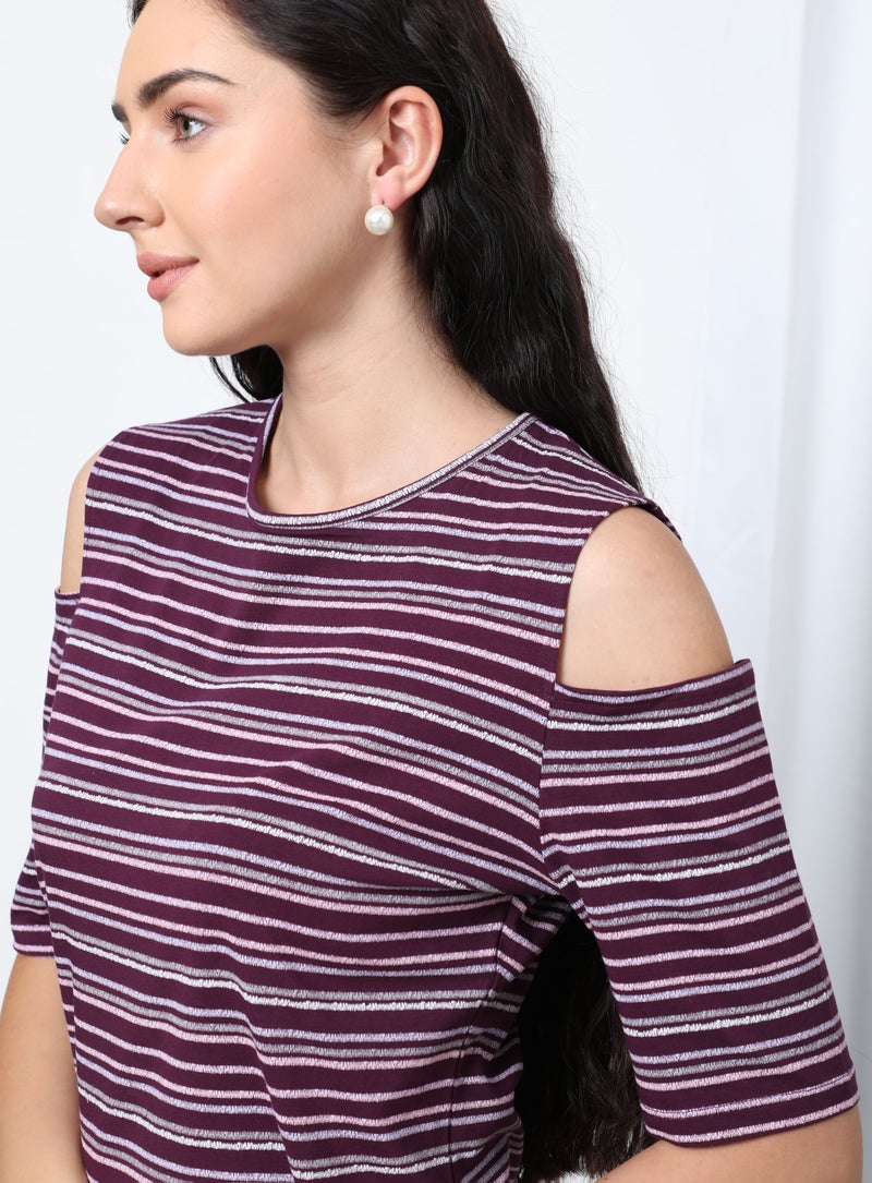 Aila - Casual Round Neck Striped Blouse Purple - Image 1