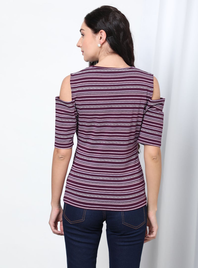 Aila - Casual Round Neck Striped Blouse Purple - Image 1