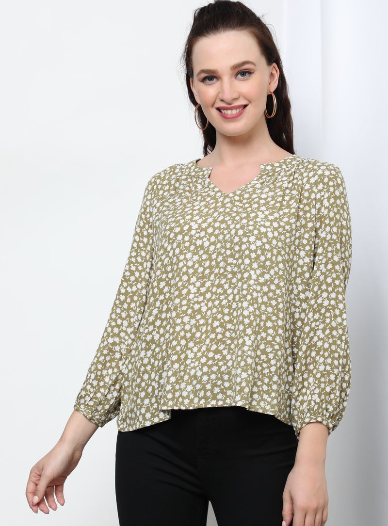 OFFROAD Printed Notch Neck Long Sleeve Blouse Top Aop Green - Image 1