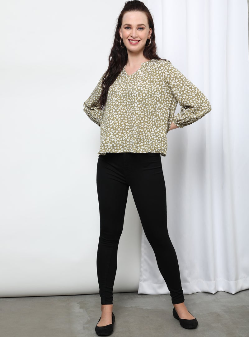 OFFROAD Printed Notch Neck Long Sleeve Blouse Top Aop Green - Image 4