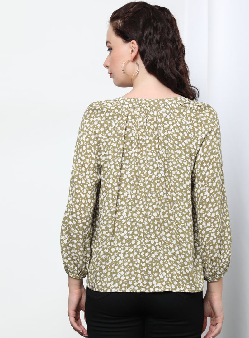 OFFROAD Printed Notch Neck Long Sleeve Blouse Top Aop Green - Image 2