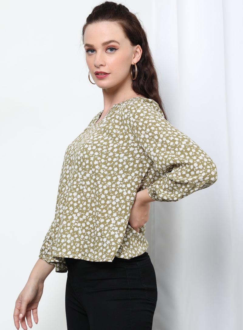 OFFROAD Printed Notch Neck Long Sleeve Blouse Top Aop Green - Image 3
