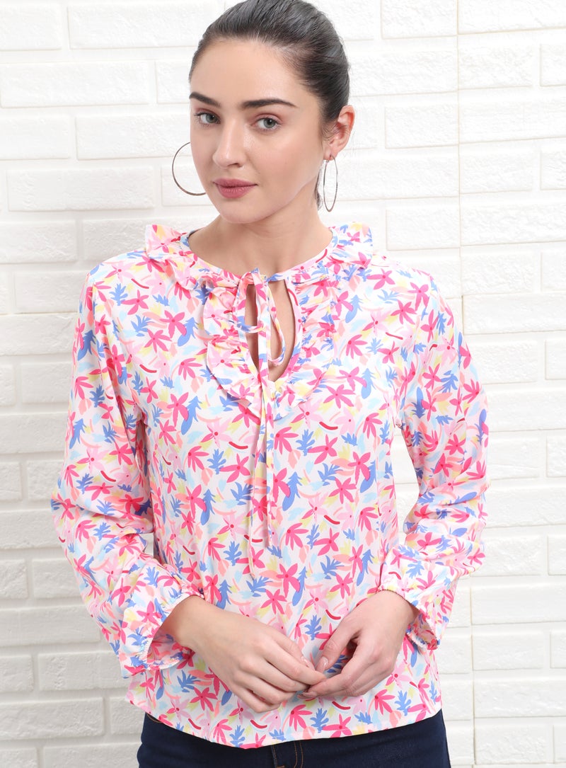 Aila Casual Keyhole Neck Printed Blouse White Multicolour  - Image 1