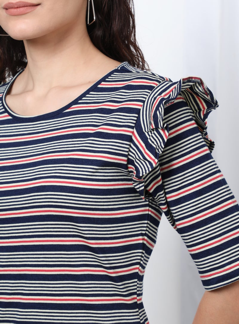 آيلا بلوزة بنمط مخطط وفتحة رقبة مستديرة أزرق - Image 5