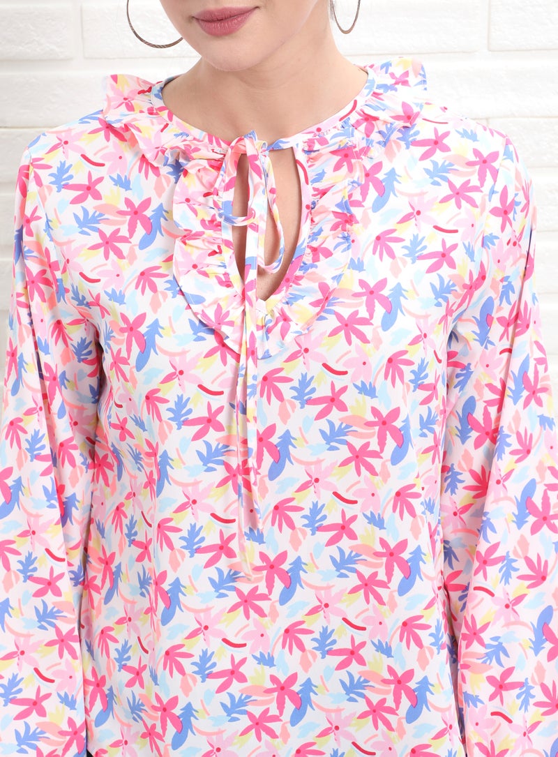 Aila Casual Keyhole Neck Printed Blouse White Multicolour  - Image 4