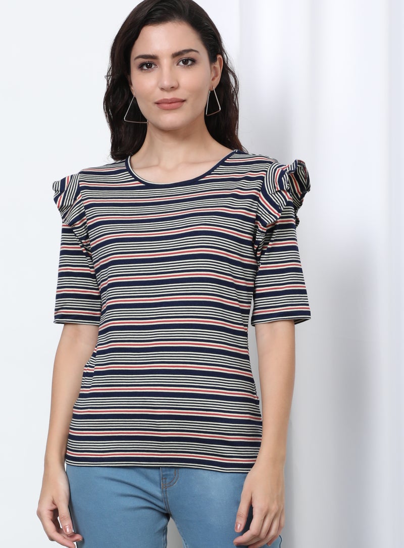 آيلا بلوزة بنمط مخطط وفتحة رقبة مستديرة أزرق - Image 1