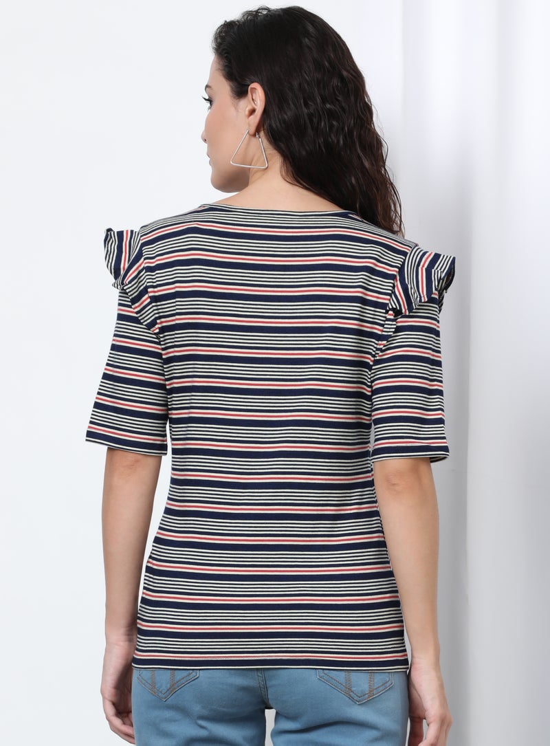 آيلا بلوزة بنمط مخطط وفتحة رقبة مستديرة أزرق - Image 2