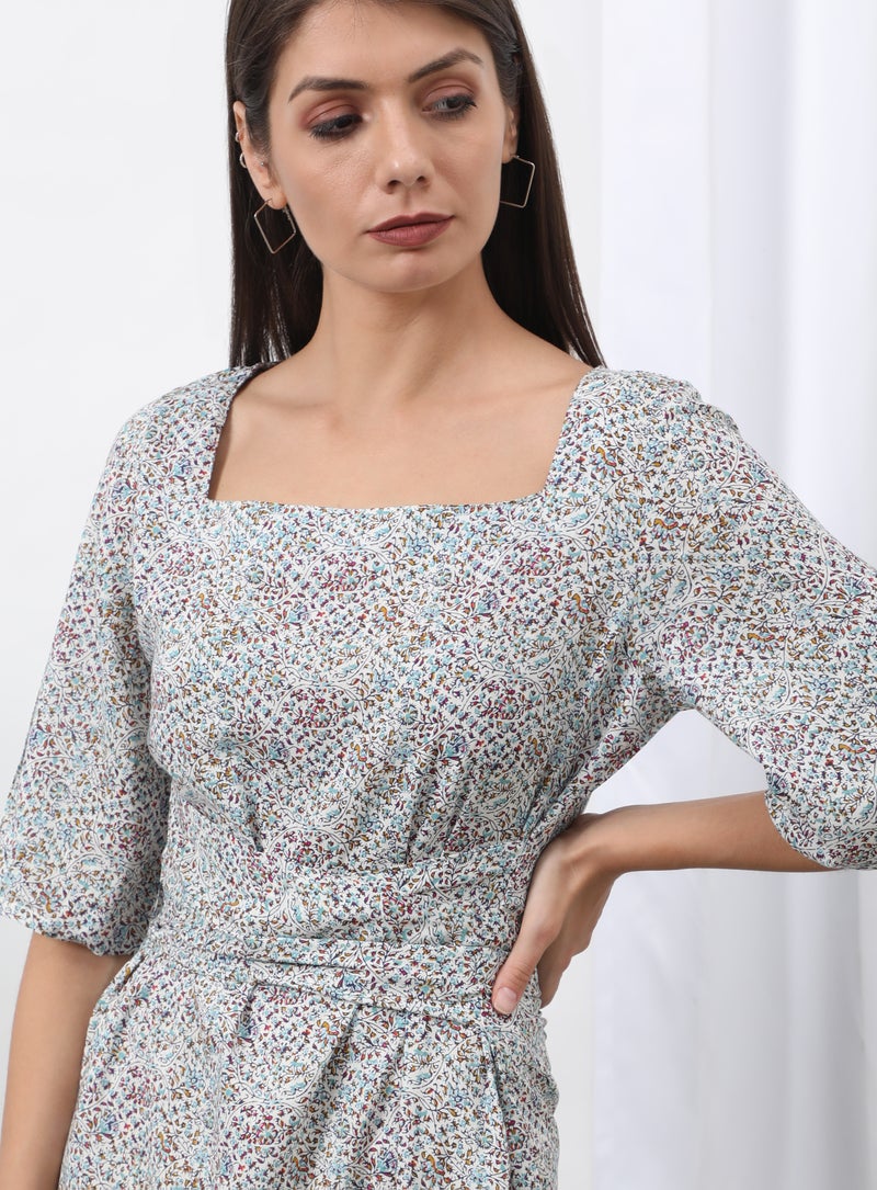 آيلا - فستان مطبوع عليه برقبة مربعة أبيض - Image 1