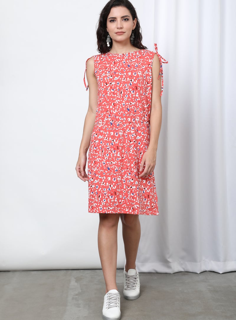Aila Round Neck Printed Dress Peach  - Image 1