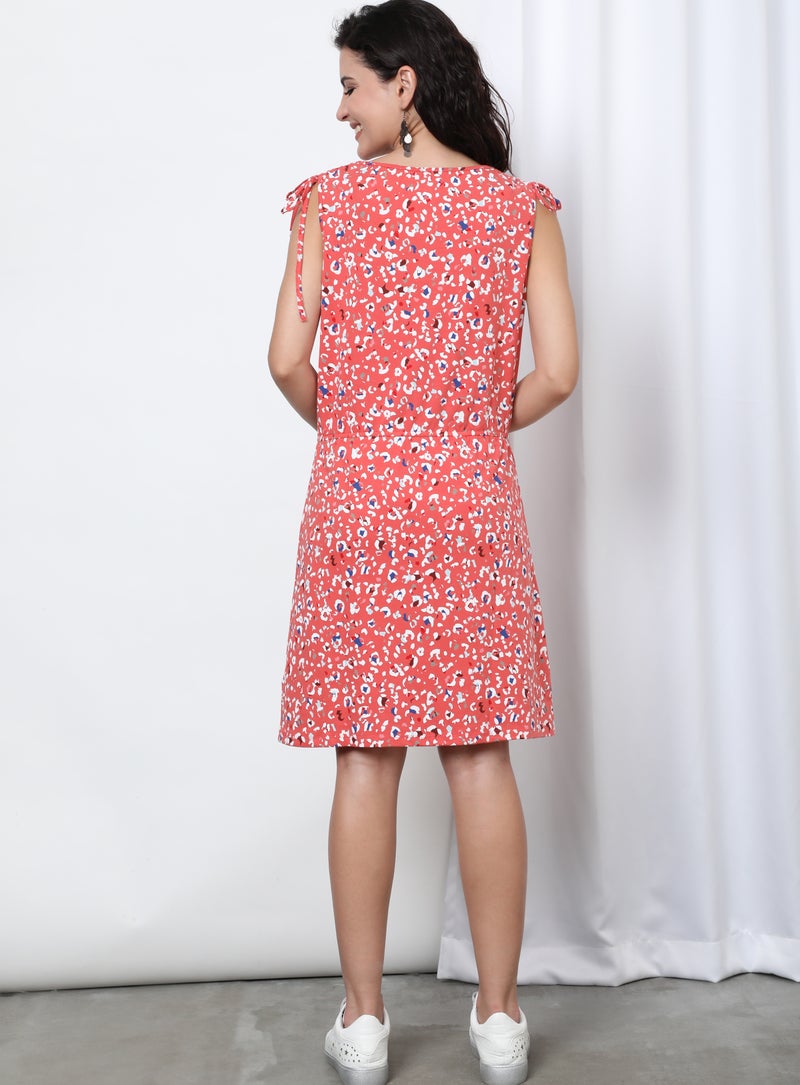 Aila Round Neck Printed Dress Peach  - Image 2