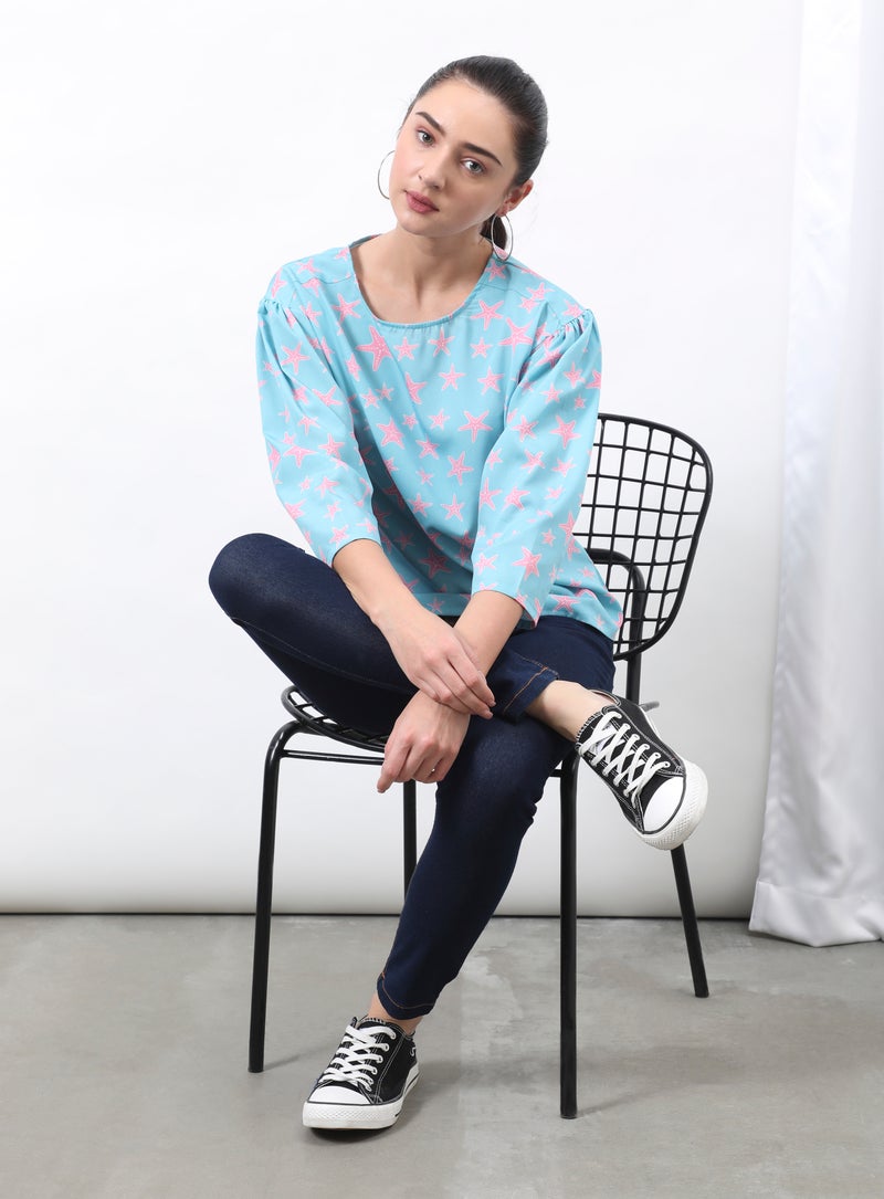 DRIP Regular Fit Round Neck Three-Quarter Sleeve Star Printed Top Sky Blue  - Image 4