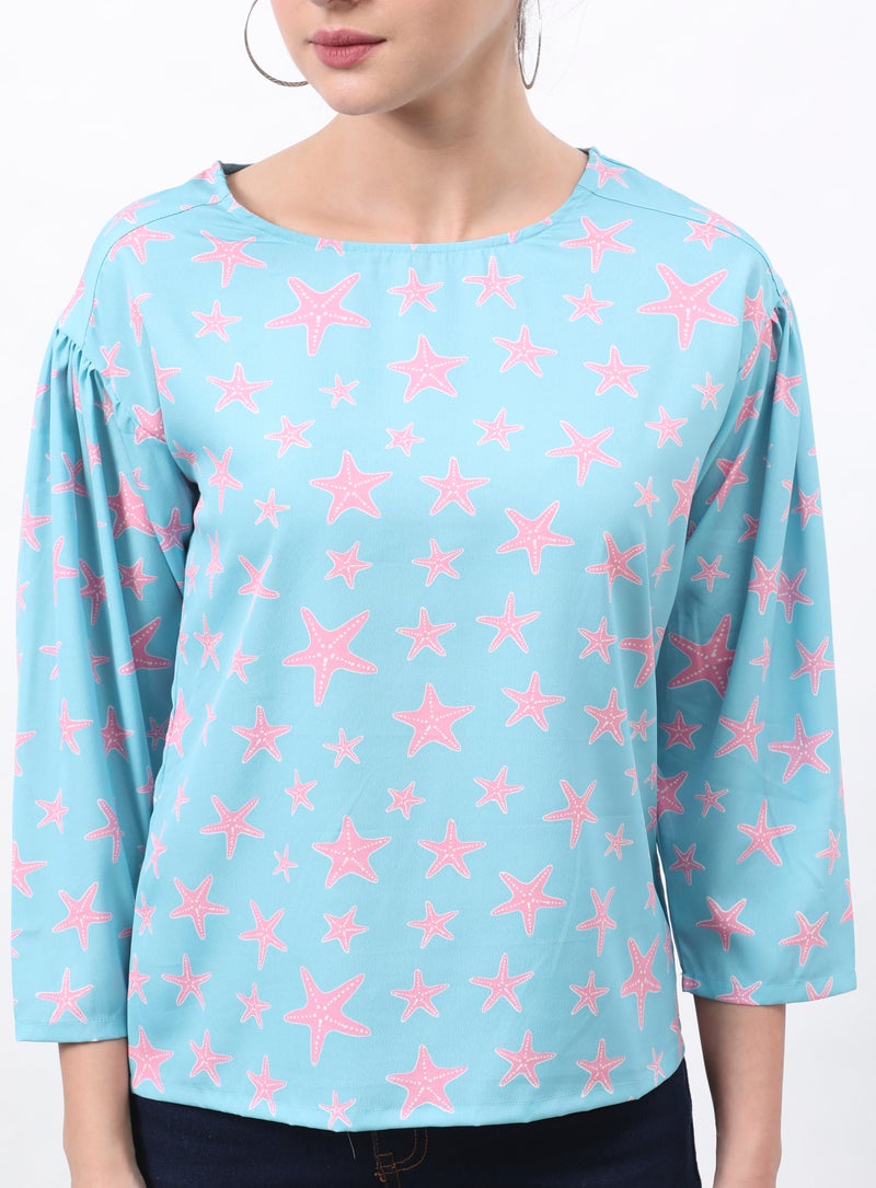 DRIP Regular Fit Round Neck Three-Quarter Sleeve Star Printed Top Sky Blue  - Image 3