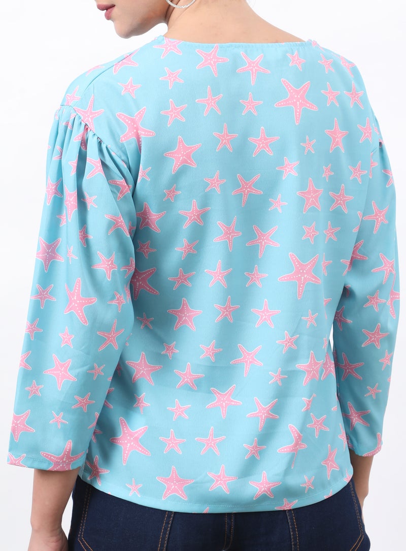 DRIP Regular Fit Round Neck Three-Quarter Sleeve Star Printed Top Sky Blue  - Image 2