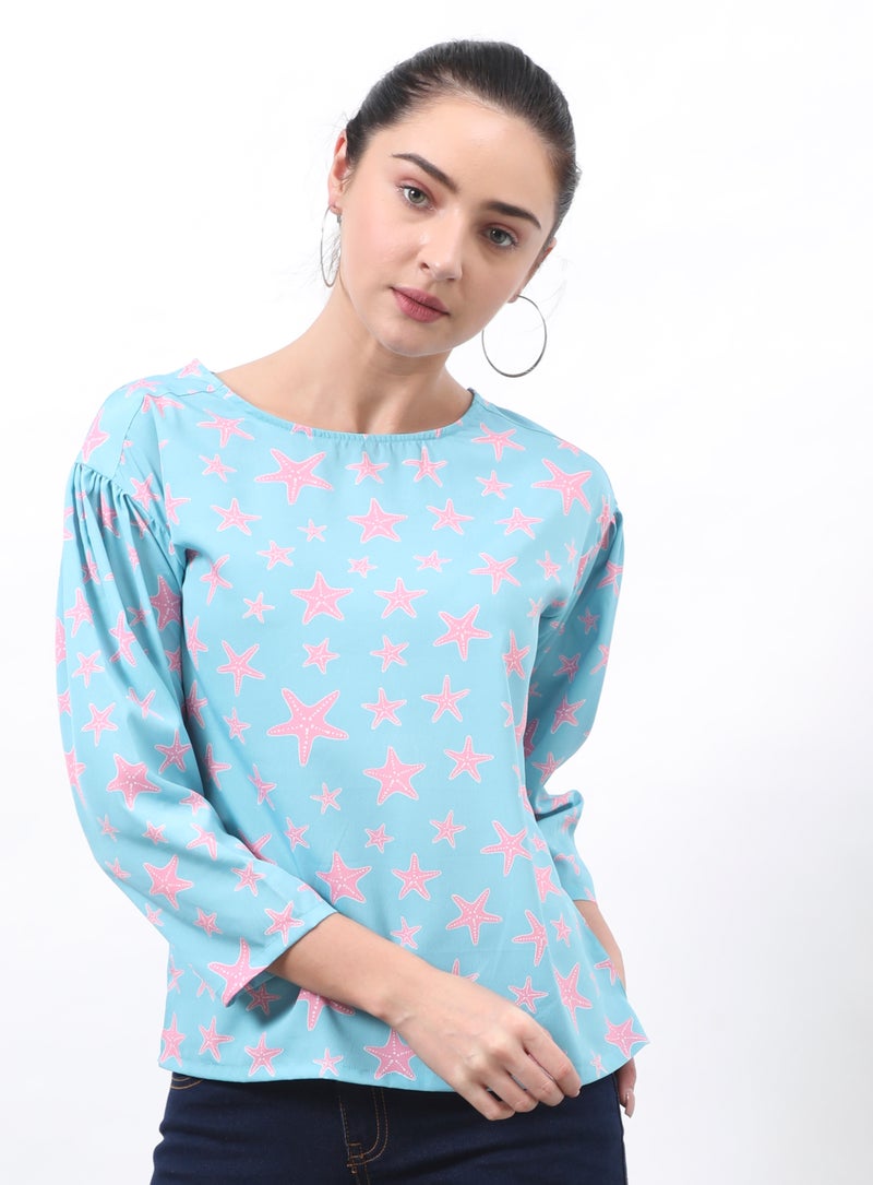 DRIP Regular Fit Round Neck Three-Quarter Sleeve Star Printed Top Sky Blue  - Image 1