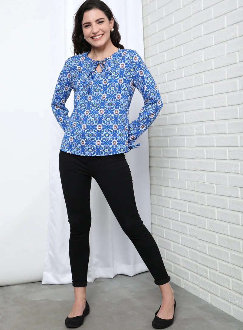Aila Keyhole Neck Printed Blouse Top Blue