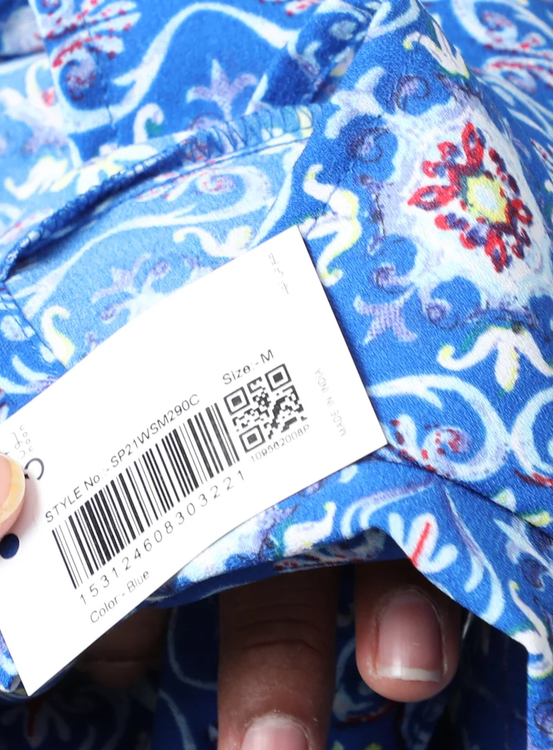Aila Keyhole Neck Printed Blouse Top Blue