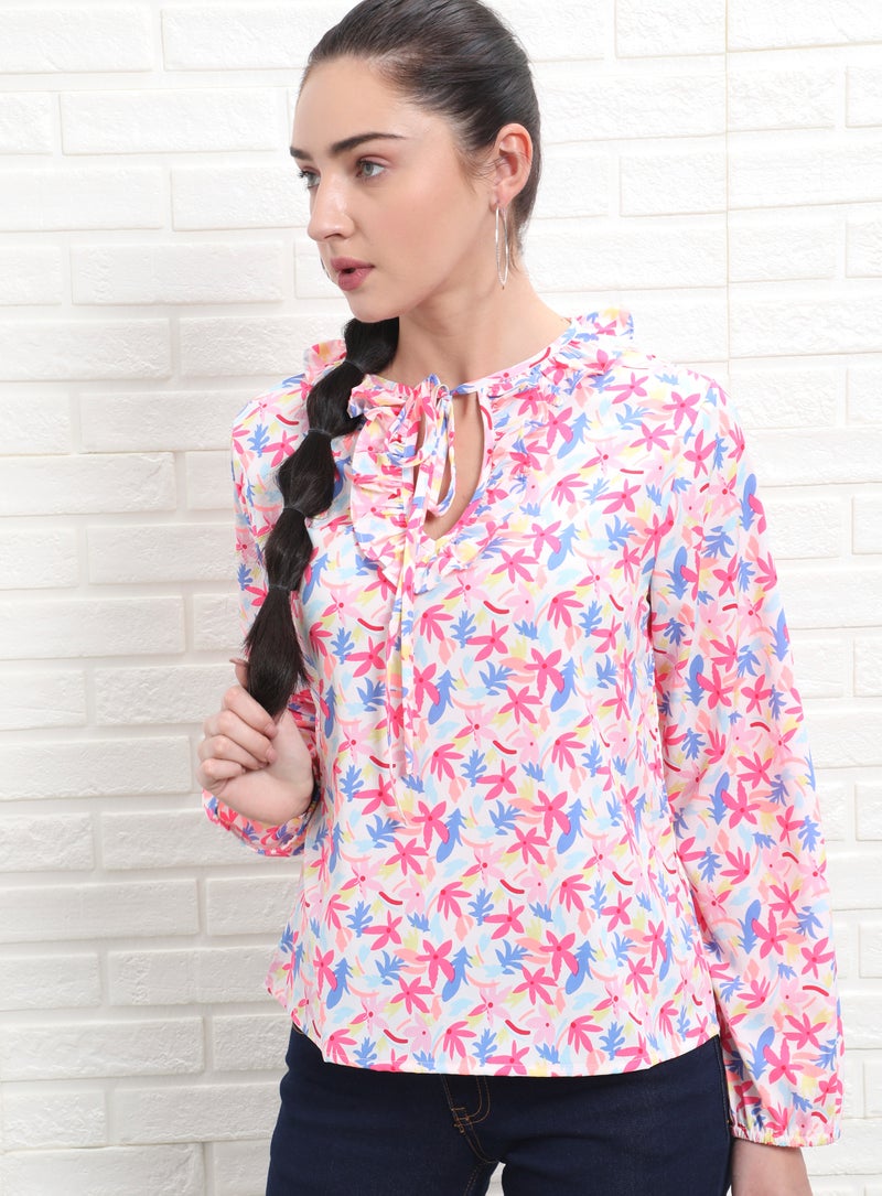 Aila Casual Keyhole Neck Printed Blouse White Multicolour  - Image 2