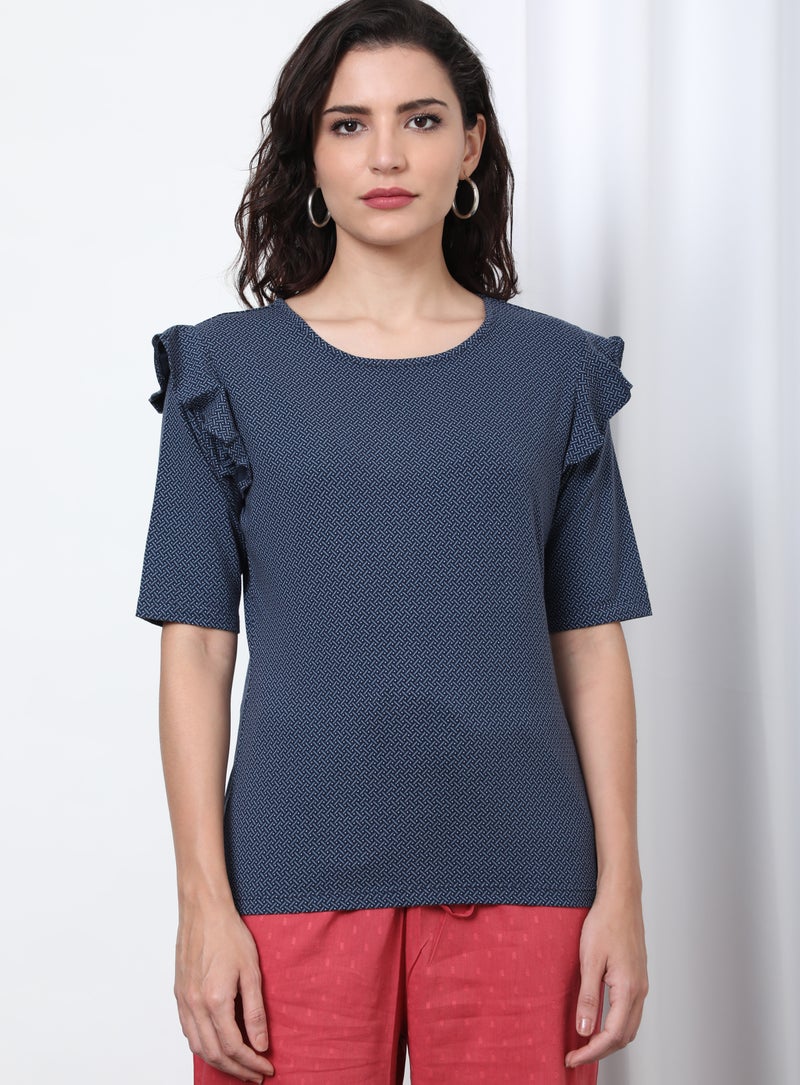 Aila Casual Round Neck Plain Blouse Blue  - Image 1