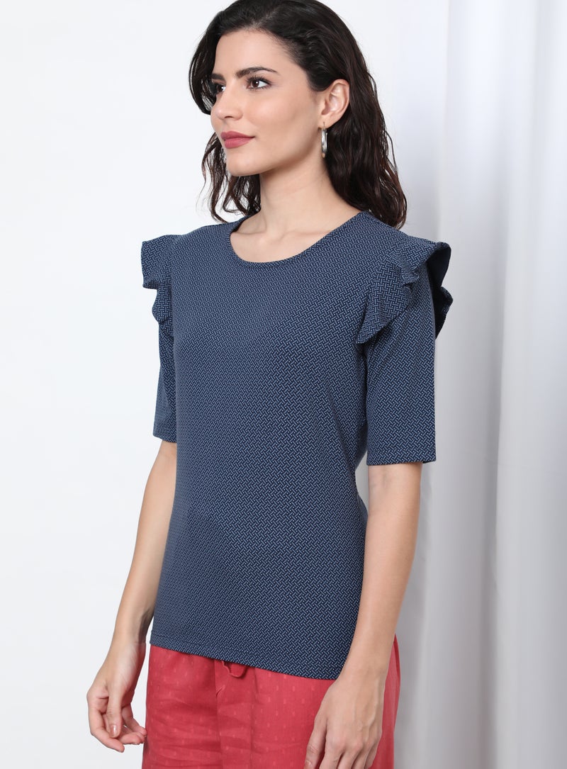 Aila Casual Round Neck Plain Blouse Blue  - Image 3