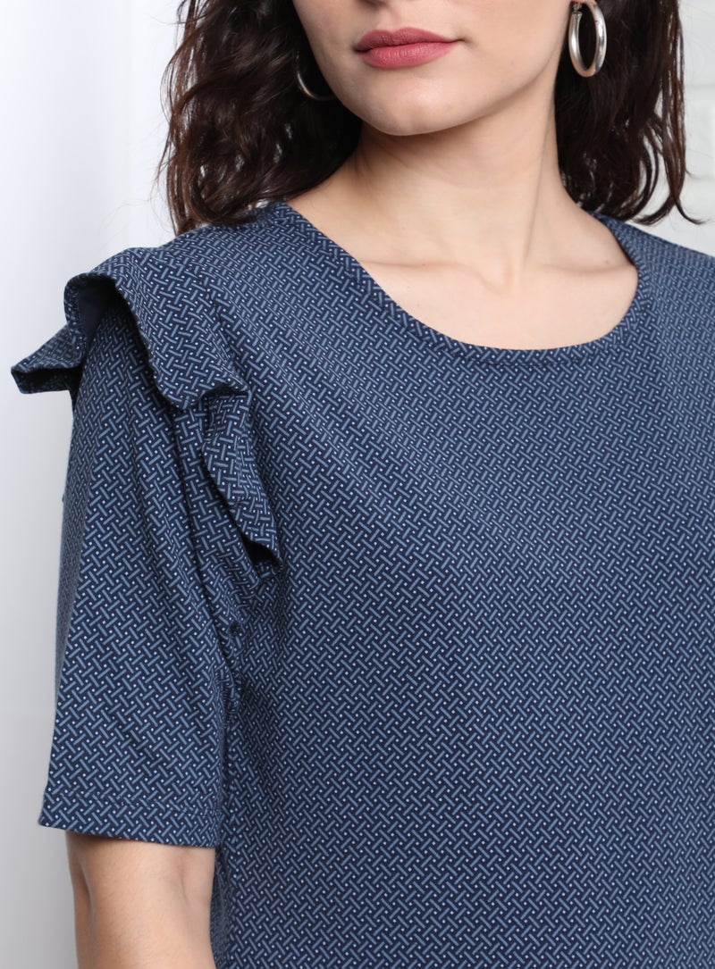 Aila Casual Round Neck Plain Blouse Blue  - Image 4