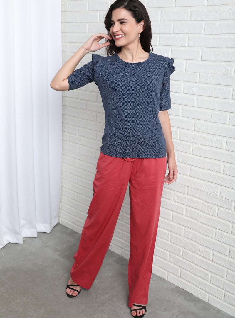 Aila Casual Round Neck Plain Blouse Blue  - Image 5