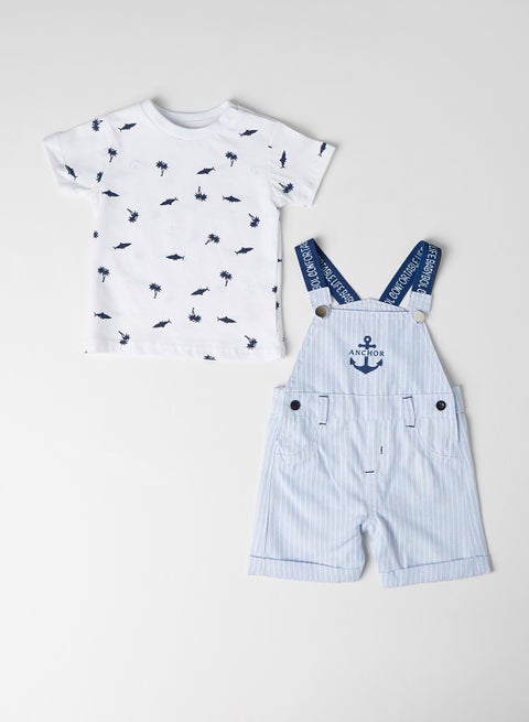 Baby Striped Dungaree Set Light Blue