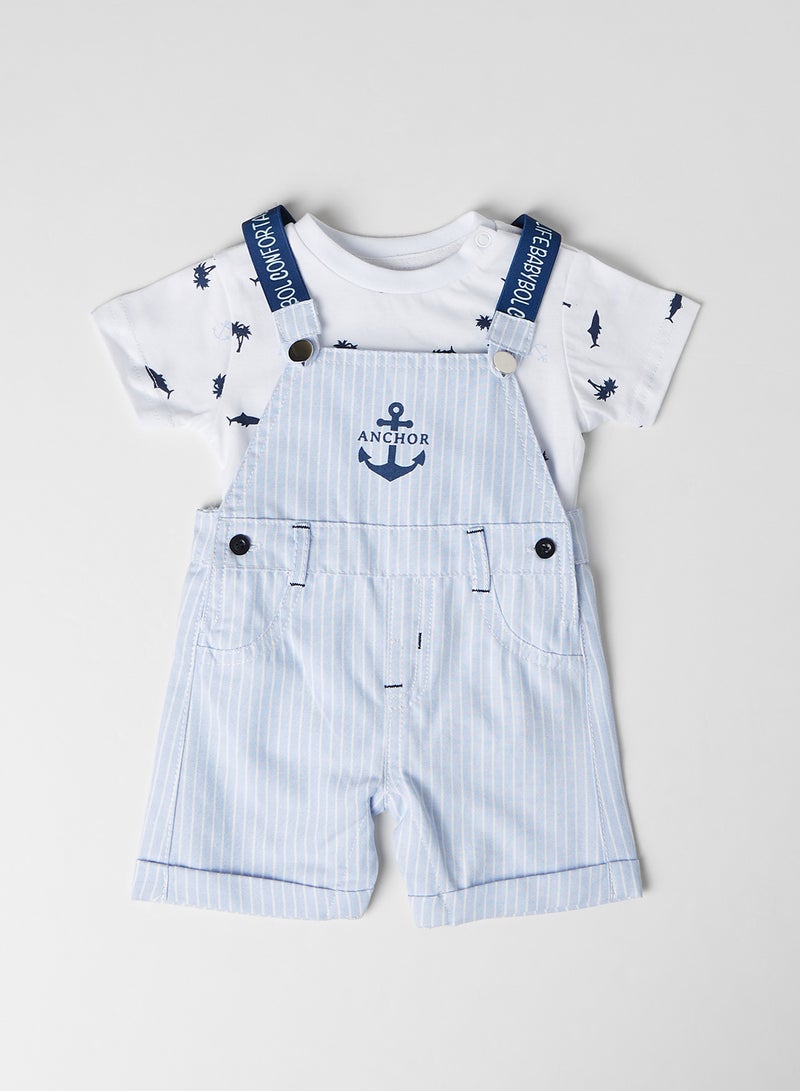 Baby Striped Dungaree Set Light Blue